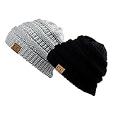 Unisex Trendy Warm Chunky Soft Stretch Cable Knit Slouchy Beanie Skully Gift Set- Black & Silver,One Size