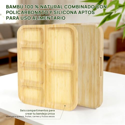 Tabla de Quesos con Tapa Transparente Antipolvo, Tabla Charcuteria Portátil con Asa y Seguro, 6 Divisiones, Reversible de Bambú - Ideal para Picnics, Fiestas, Camping y como Regalo para Casa Nueva