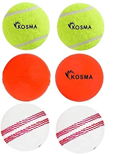 Kosma Set of 6 Cricket Ball | Practice Ball | 2 Pc each - Windball (Orange Plain), Windball with Seam (White with Pink Seam), Tennis Cricket Ball (Fluorescent Yellow) | Soft Training Balls