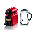 Nespresso Inissia Espresso Maker with Aeroccino Plus Milk Frother, Red