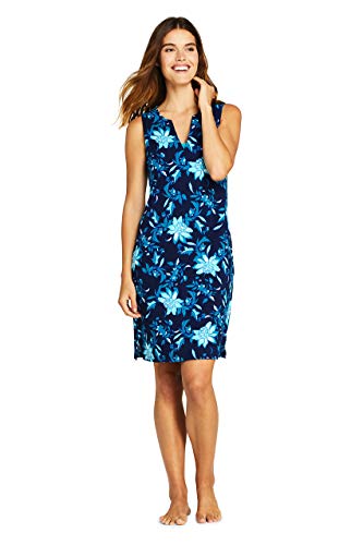 Lands' End Women's Cotton Jersey Sleeveless Swim Cover-up Dress Print Small Deep Sea Florenza Floral