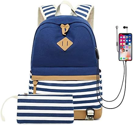 School Backpack, Laptop Backpack 15.6 Inch, Canvas Backpack School Bags Set for Teens Girls School Backpack with USB Port and Earphone Port, Water Resistant College School Bag (blue-1)