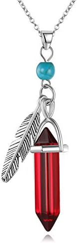 Gemstone Necklace,Isuri Hexagon Pen Pendant,Charming Natural Stone Bullet Stainless Steel Chain 18’ +2’ perfect gift choice (Red)