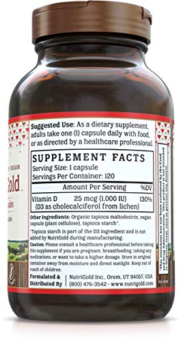 NutriGold Vitamin D3 1000 IU, 120 Vegan Capsules (Vegan D3 from Lichen, GMO-Free, Preservative-Free)