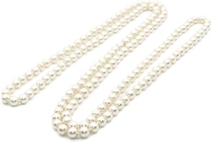 JSEA 32/48/60 Inches 8mm Glass Pearls Strand Layered Necklace Knoting Beaded Long Necklace White Beige Pink for Women