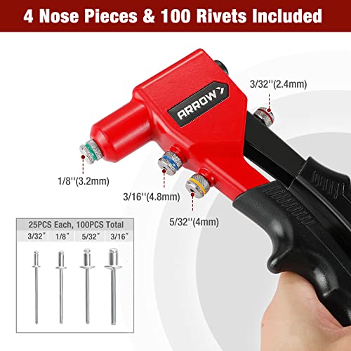 Arrow Hand Riveter Kit, RT187M Professional Pop Rivet Gun with 3/32", 1/8", 5/32", 3/16" 100