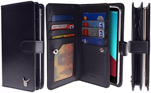 Luxury [Dual Wallet] [Wristlet] Cow Leather [7 Card Slot] [Standing] Book Wallet Flip Case Cover for LG G4 (Black)