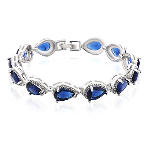 GULICX Silver Tone Austrian CZ Blue Sapphire-Color Link Lover Bangle Teardrop Women Tennis Bracelet