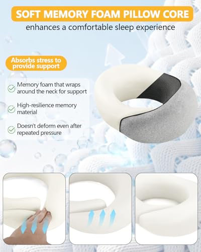 Memory Foam Travel Neck Pillow, Ergonomic Cervical Support Pillow, Removable Washable Cover Neck Pillow for Airplane Car Road Trip Office Naps Camping (Light Grey)
