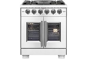 Forno Capriasca All Gas 30" Inch. French Door Freestanding Range 5 Burners Cooktop and 4.32 Cu.Ft. Convection Gas Oven - Stainless Steel Stove Range Heavy Duty Cast Iron Grates