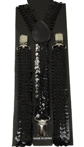 Men's Unisex Clip-on Braces Elastic Sequin "Black" Suspender Y-shape Ajustable