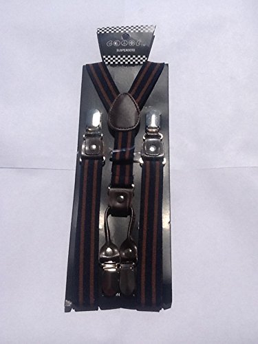 New Navy/Brown Striped Suspenders (Double Thick Durable Material, Leather Reinforced Clips)