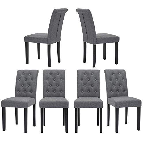 Set of 6 Upholstered Fabric Dining Chairs with Button-Tufted Details (Gray)