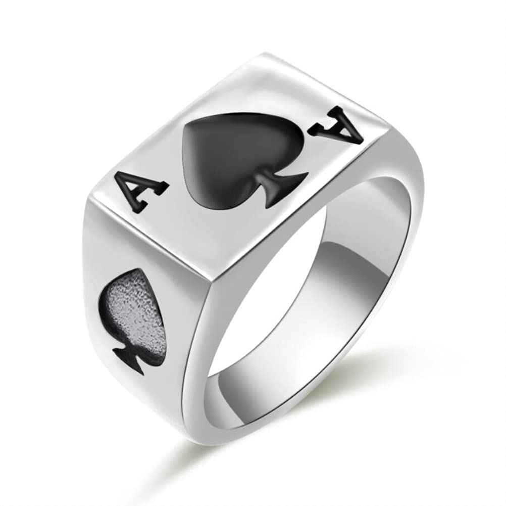 JAJAFOOK Mens Womens Stainless Steel Ring Poker Spade Ace Silver Black Sizes 6-14
