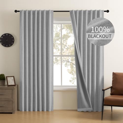 CUCRAF Linen Blackout Curtains Light Grey 120 Inch Length