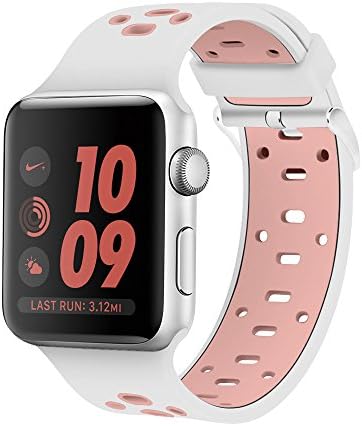 Element Works Adjustable Soft &amp; Flexible Wrist Apple Sport watch band 38mm/42mm | Nickel-Free &amp; Hypoallergenic Silicone Watch Band | Breathable Replacement Bands for Apple Watch Series - (white+pink)