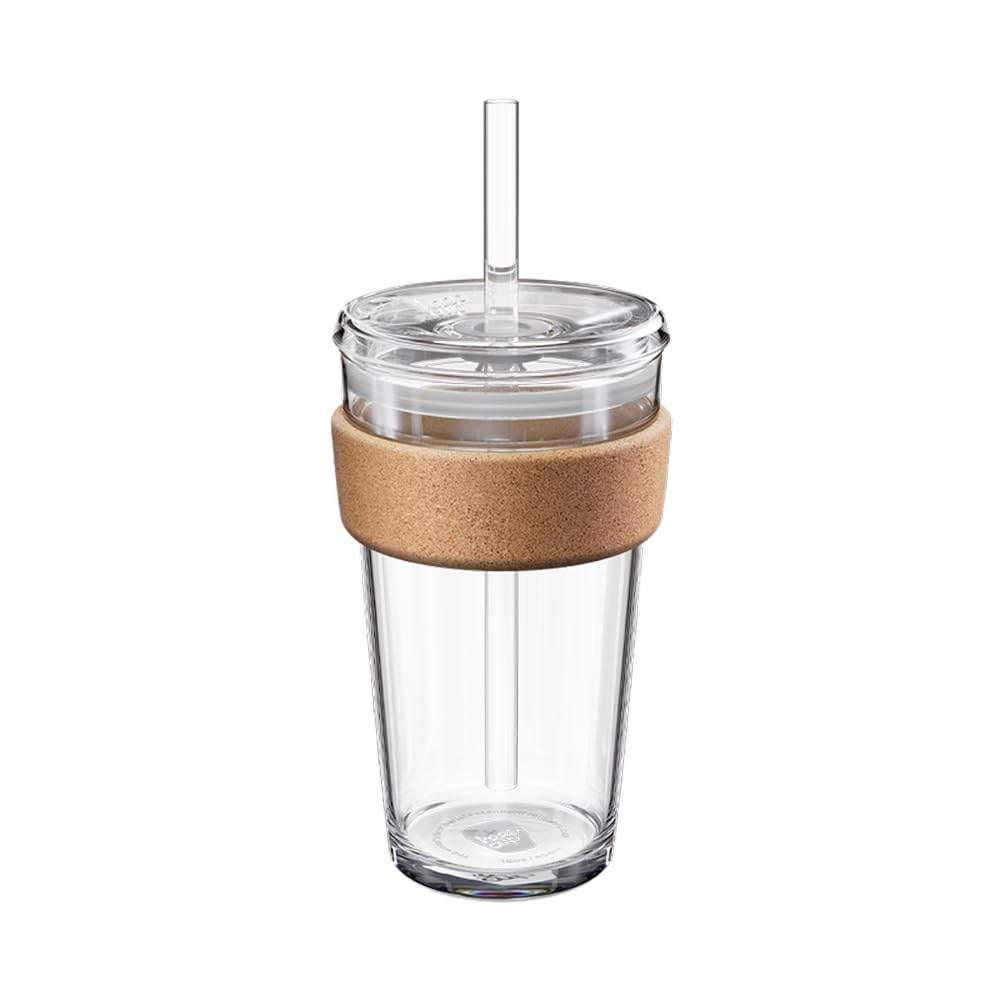 KeepCup Cold Cup - Brew Cork Tempered Glass Ice Coffee Tumbler with Recovered Cork Band, Lid and Straw - 16oz (454ml)