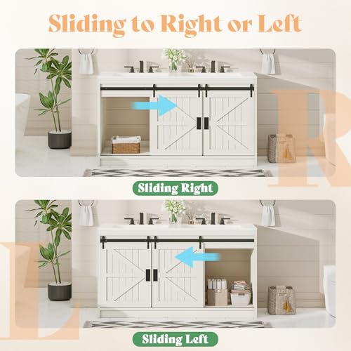 Jocisland Double Farmhouse Bathroom Vanity with Sink, 61in Sliding Barn Door Bathroom Storage Cabinet with Sliding Doors & Drawers, Dual Basin, Large Double Bath Vanity Sink Combo, White