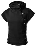 4BS Mens Casual Buckle Zipper Slim Hoodie Cotton Solid Short sleeve T-shirts BLACK US S(Tag size L)
