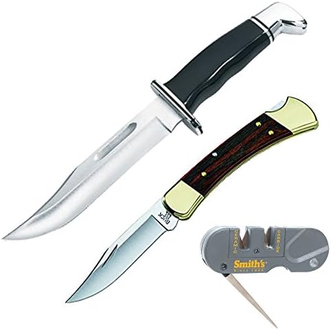 Save set Buck Knives 0119 Leather Sheath w/ Special Fixed Blade Knife (Black and silver) plus Folding Hunter Knife plus Grey Smith's PP1 Pocket Pal Multifunction Sharpener