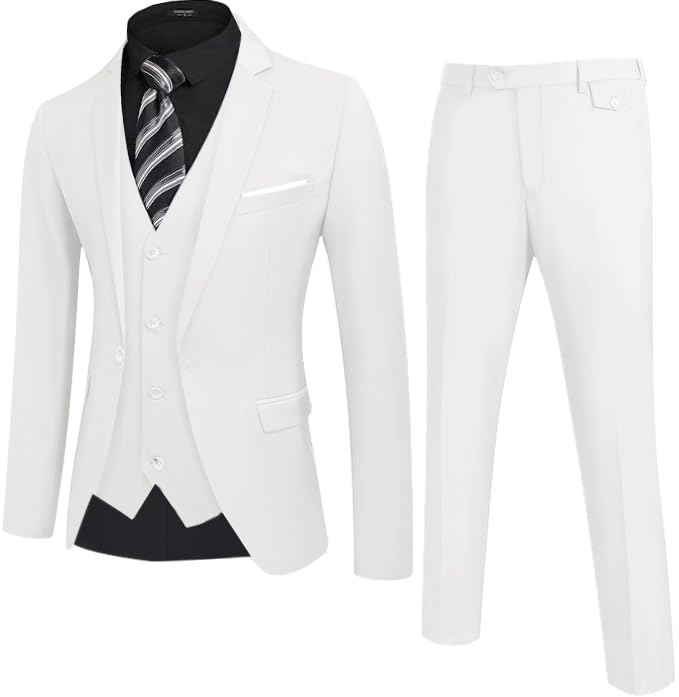 Photo 1 of COOFANDY Men's 3 Piece Slim Fit Suit Set One Button Jacket Blazer Vest Pants Set Wedding Formal Prom Tuxedo Suits White