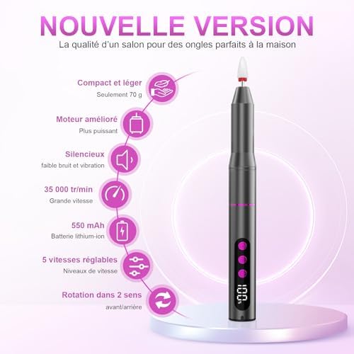Ponceuse pour Ongles Professionnelle Sans Fil , 12 en1 Kit Manucure