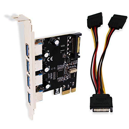 LTERIVER PCI Express 4 Ports Superspeed USB 3.0 Card Adapter for Windows Server,XP,Vista,7,8.0,8.1,10(32/64bit) System-with Y SATA Power Cable(PCE-U3P4)