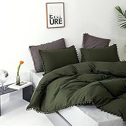 Luxlovery Army Green Pom Pom Comforter Set Queen