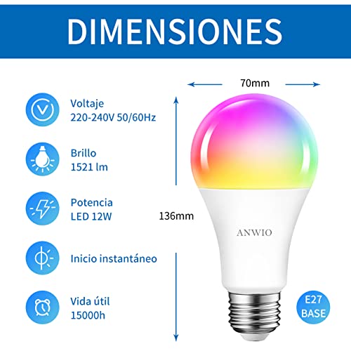 ANWIO 4 x 12W E27 Smart RGB WiFi LED Bulbs, A70 Equivalent to 100W, 1521 Lumens, Works with Alexa, Google Home and Smart Life.