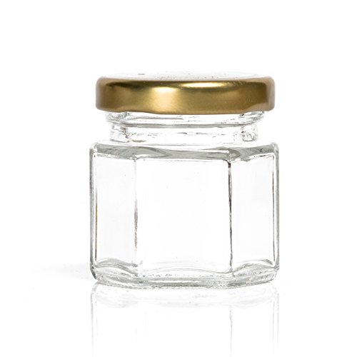 Hexagon Glass Jars by Nellam - 1.5oz, 12 Pack. Includes 24 Chalk Sticker Labels and 2x Chalk Pen. DIY Jars for Canning, Party Favors, Jams, Sauces, Herbs, Spices. (Gold Lid - 12 Pcs)