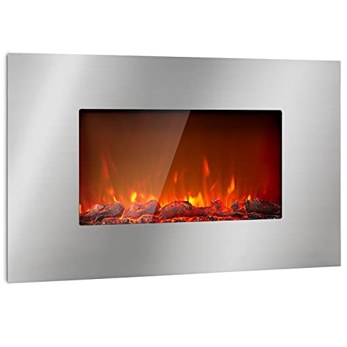 Klarstein Lausanne Cheminée Électrique : 2000W, 2 Réglages De Chauffage, Largeur: 90 Cm, Effet De Flamme, Façade En Inox, Luminosité Réglable, Télécommande, Montage Mural, Argent