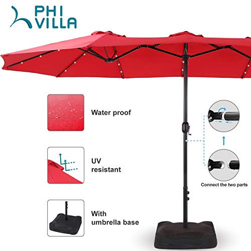 PHI VILLA 15ft Large Patio Umbrella with Solar Lights, DoubleSided Outdoor Market Rectangle