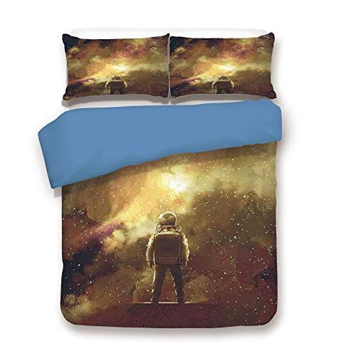 iPrint Duvet Cover Set,Blue Back,Fantasy Art House Decor,Cosmonaut Boy Standing Against Cosmos Nebula Themed Solar Artprint,Tan Black,Decorative 3 Pcs Bedding Set by 2 Pillow Shams,Twin Size