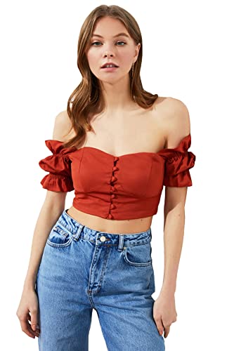 Trendyol Chemise de récolte détaillée Blouse, Brick, 42 Femme