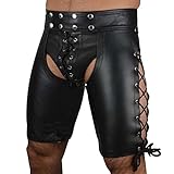 FEESHOW Men's Faux Leather Lace up Shorts Pants Jockstrap Underwear Briefs