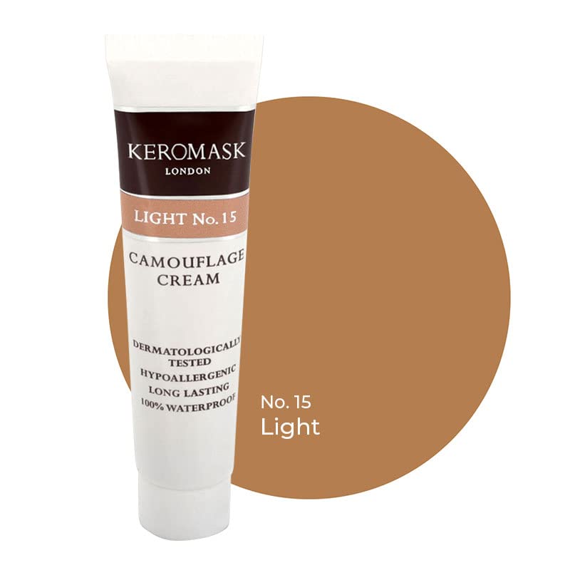 Keromask Full Coverage Hypoallergenic Concealer Shade LIGHT No 15 to Camouflage Vitiligo, Tattoos, Redness and Rosacea, Waterproof and Suitable for All Skin Types 1 x 15ml