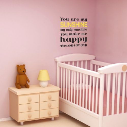 CUTE Nursery Removable Vinyl Wall Quote - You Are My Sunshine My Only Sunshine You Make Me Happy When Skies Are Gray. - 20"x22" Matte Black and Yellow By Katazoom Wall Decals