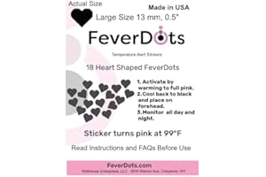 FeverDots, 18 Fever Alert Stickers in Heart Shape (Large Size, 13mm). Turns from Black to Pink at Fever Temperature for Temperature Monitoring All Day and Night