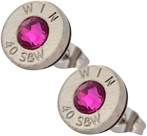Little Black Gun Thin Nickel Plated 40 S&amp;W Bullet Shell Crystal Stud Earrings in Vibrant Pink