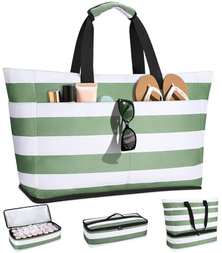 Bolso Playa Mujer con Nevera 2 en 1, Impermeable & Plegable Bolsa Viaje XXL Familiar, Beach Bag 54L Extra Grande con Cremallera y 9 Bolsillos para Piscina/Picnic/Gimnasio/Compra Esenciales