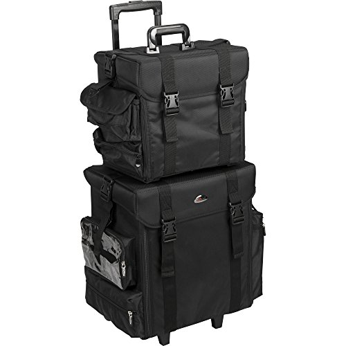 JustCase T5171 2-in-1 Soft Sided Professional Rolling Trolley Makeup Artist Cosmetic Case, Black Nylon