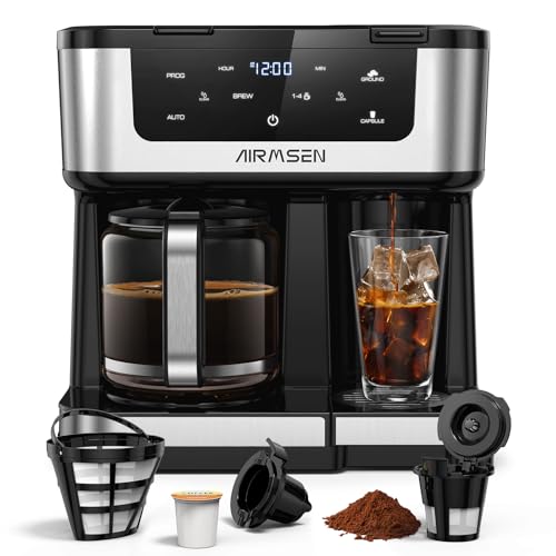 AIRMSEN 12-Cup Programmable Dual Coffee Maker – Single Serve Machine for K-Cup Pods & Ground, 1000W Fast Brew, Delay Start, 2H Keep Warm, Touchscreen, 60oz Tank, Glass Carafe – Home & Office AIRMSEN 12-Cup Programmable Dual Coffee Maker – Single Serve Machine for K-Cup Pods & Ground, 1000W Fast Brew, Delay Start, 2H Keep Warm, Touchscreen, 60oz Tank, Glass Carafe – Home & Office