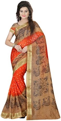 Shopaholic Women's Cotton Silk Bandhej Designer Saree, Free Size, Orange and Brown