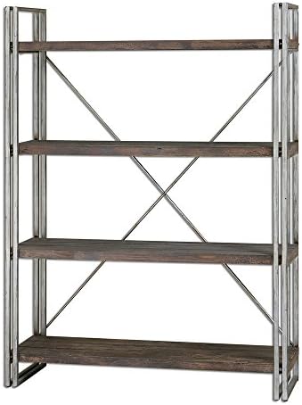 The Metal Etagere Antiqued Silver, Metal Frame And Cross Stretchers With Walnut Stained, Weathered Fir Wood Shelf Planks.