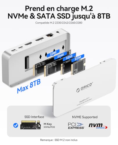 ORICO Station d'accueil 11 en 1 avec boîtier SSD M.2 NVMe/SATA de 8 To, station d'accueil pour ordinateur portable, 2 moniteurs avec HDMI, 1 DP 8K @ 30 Hz, 2 USB-A/C 10 Gbps, SD/TF, 100 W PD, 1 Gbit/s