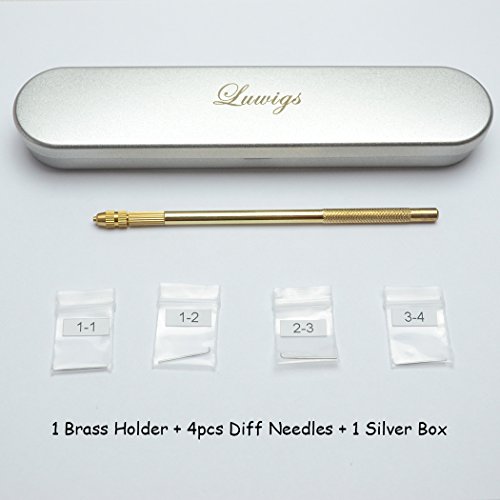 Luwigs 4 Size Ventilating Needles(1-1,1-2,2-3,3-4)+1 Brass Holder for Lace Wig Accessories 4Pcs Stainless Steel Needles Kit for Salon (Ventilating Needles Kit, One Set)