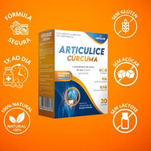 Articulice Curcuma, Colágeno Tipo II 40mg, Suplemento com Ácido Hialurônico e GAG, 30 Comprimidos