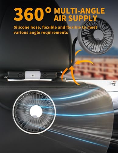 Loiisgy Car Fan for Backseat Dual Head Hose, USB Car Rear Seat Fan with 2 Independent Heads and Lights, 3 Speeds and 360 Degree Rotatable Cooling Car Fans