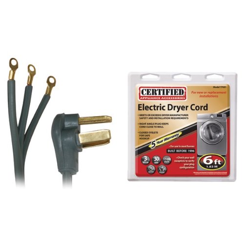 Certified Appliance Accessories 3-Wire Closed-Eyelet 30-Amp Dryer Cord, 6ft