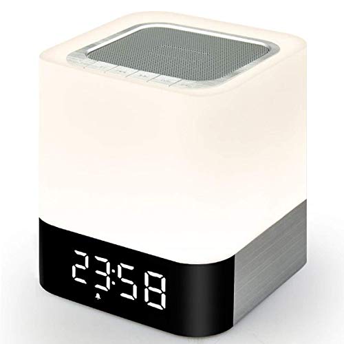 Night Light Bluetooth Speaker, Touch Sensor Bedside Lamps, Wake up Light, Color Changing Dimmable Table Lamp, Digital Alarm Clock Night Light, for Kids and Adult Wireless Speaker with Lights